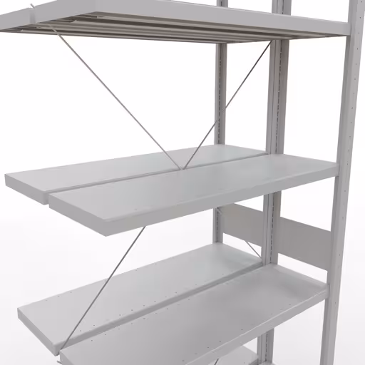 Zusatzbild des Artikels Anbauregal, Doppelregal, Fachbodenregal Stecksystem MULTIplus250, 3000 x 1000 x (2x300) mm (HxBxT), 2x7 Fachböden, Kreuzstrebe, RAL 7035 lichtgrau aus Doppelregale