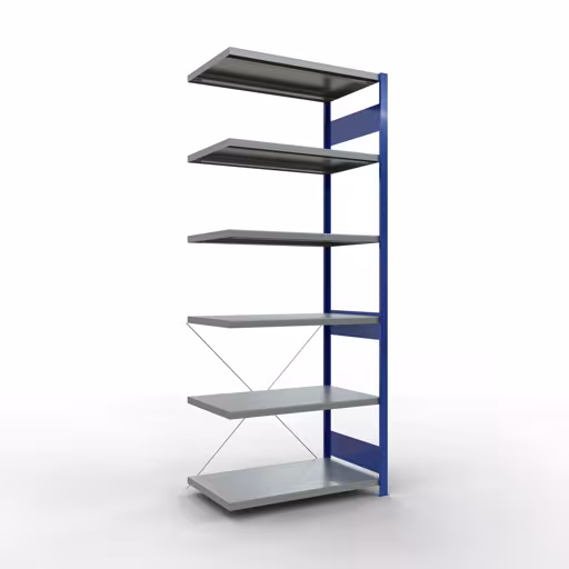 Anbauregal, Fachbodenregal Stecksystem MULTIplus250, 2500 x 1000 x 600 mm (HxBxT), 6 Fachböden, Kreuzstrebe, RAL 5010 enzianblau/verzinkt aus der Kategorie Anbauregal mit der Artikelnummer 12966-B