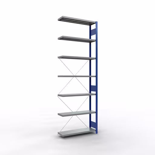 Anbauregal, Fachbodenregal Stecksystem MULTIplus330, 3000 x 1000 x 300 mm (HxBxT), 7 Fachböden, Kreuzstrebe, RAL 5010 enzianblau/verzinkt aus der Kategorie Anbauregal mit der Artikelnummer 13937-B