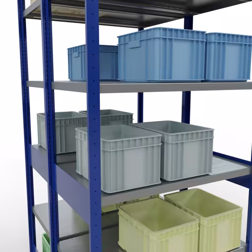 Zusatzbild des Artikels Grundregal, Doppelregal, Fachbodenregal Stecksystem MULTIplus250, 2500 x 1000 x (2x600) mm (HxBxT), 2x6 Fachböden, Kreuzstrebe, RAL 5010 enzianblau aus Doppelregale