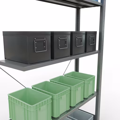 Produktbild Nr 15 des Artikels Anbauregal, Fachbodenregal Stecksystem MULTIplus85, 2000 x 1000 x 300 mm (HxBxT), 5 Fachböden, Kreuzstrebe, verzinkt Abbildung Nr 15 des Artikels Anbauregal, Fachbodenregal Stecksystem MULTIplus85, 2000 x 1000 x 300 mm (HxBxT), 5 Fachböden, Kreuzstrebe, verzinkt aus der Produktgruppe Stecksystem von der Marke Schulte Lagertechnik