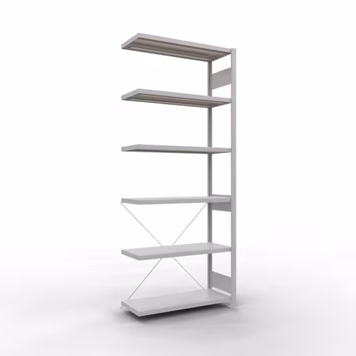 Anbauregal, Fachbodenregal Stecksystem MULTIplus330, 2500 x 1000 x 400 mm (HxBxT), 6 Fachböden, Kreuzstrebe, RAL 7035 lichtgrau aus der Kategorie Anbauregal mit der Artikelnummer 33846