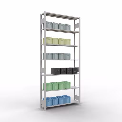 Andere Ansicht des Artikels Grundregal, Fachbodenregal Stecksystem MULTIplus150, 3000 x 1300 x 300 mm (HxBxT), 7 Fachböden, Längenriegel, RAL 7035 lichtgrau aus der Kategorie Grundregal