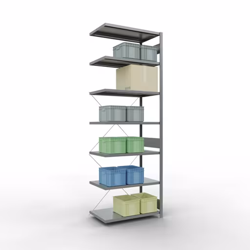 Anbauregal, Fachbodenregal Stecksystem MULTIplus250, 3000 x 1000 x 600 mm (HxBxT), 7 Fachböden, Kreuzstrebe, verzinkt von der Marke Schulte Lagertechnik aus der Produktreihe Stecksystem