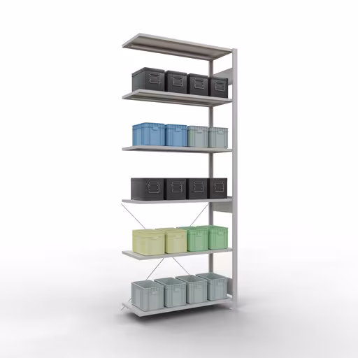 Anbauregal, Fachbodenregal Stecksystem MULTIplus85, 2500 x 1000 x 400 mm (HxBxT), 6 Fachböden, Kreuzstrebe, RAL 7035 lichtgrau von Schulte Lagertechnik mit der Artikelnr. 33046
