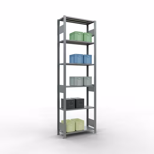 Grundregal, Fachbodenregal Stecksystem MULTIplus150, 2500 x 750 x 300 mm (HxBxT), 6 Fachböden, Längenriegel, verzinkt mit der Artikelnr. 12731-75-LR Grundregal, Fachbodenregal Stecksystem MULTIplus150, 2500 x 750 x 300 mm (HxBxT), 6 Fachböden, Längenriegel, verzinkt von Schulte Lagertechnik aus der Kategorie Stecksystem