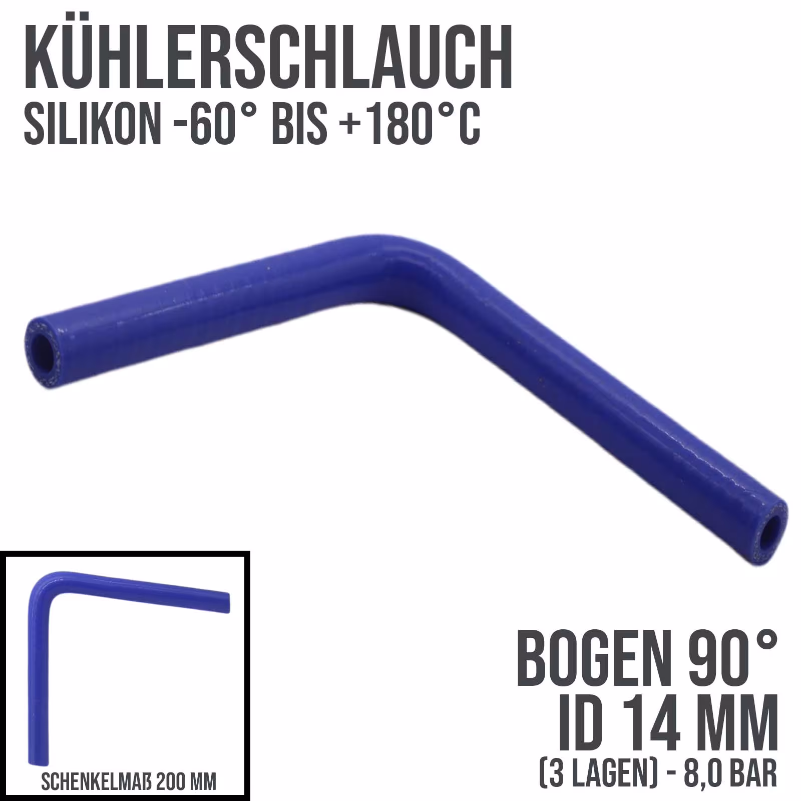 14 x 22 mm Kühlerschlauch Silikon Bogen 90° LLK Ladeluft Kühlmittel Schlauch blau (8 bar) - 200mm aus der Kategorie Kühlwasserschläuche mit der Artikelnummer KSB014-090-200GA