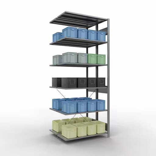 Abbildung Nr 13 des Artikels Anbauregal, Doppelregal, Fachbodenregal Stecksystem MULTIplus150, 2500 x 1000 x (2x400) mm (HxBxT), 2x6 Fachböden, Kreuzstrebe, verzinkt aus der Produktgruppe Fachbodenregale von der Marke Schulte Lagertechnik