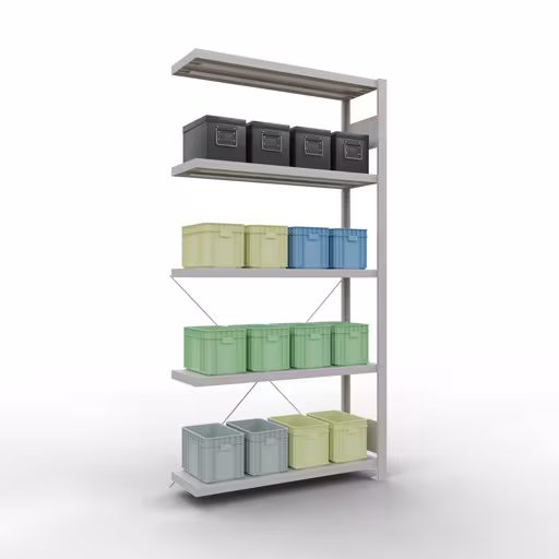 Anbauregal, Fachbodenregal Stecksystem MULTIplus330, 2000 x 1000 x 300 mm (HxBxT), 5 Fachböden, Kreuzstrebe, RAL 7035 lichtgrau von Schulte Lagertechnik mit der Artikelnr. 33835