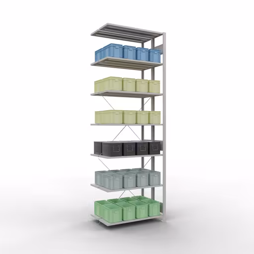 Abbildung Nr 9 des Artikels Anbauregal, Doppelregal, Fachbodenregal Stecksystem MULTIplus150, 3000 x 1000 x (2x600) mm (HxBxT), 2x7 Fachböden, Kreuzstrebe, RAL 7035 lichtgrau aus der Produktgruppe Fachbodenregale von der Marke Schulte Lagertechnik