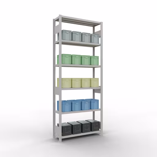 Abbildung Nr 9 des Artikels Grundregal, Fachbodenregal Stecksystem MULTIplus250, 2500 x 1000 x 300 mm (HxBxT), 6 Fachböden, Längenriegel, RAL 7035 lichtgrau aus der Produktgruppe Stecksystem von der Marke Schulte Lagertechnik
