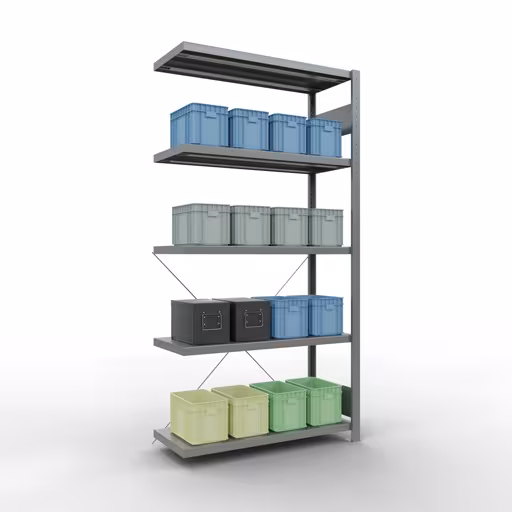 Produktbild Nr 13 des Artikels Anbauregal, Fachbodenregal Stecksystem MULTIplus330, 2000 x 1000 x 400 mm (HxBxT), 5 Fachböden, Kreuzstrebe, verzinkt Abbildung Nr 13 des Artikels Anbauregal, Fachbodenregal Stecksystem MULTIplus330, 2000 x 1000 x 400 mm (HxBxT), 5 Fachböden, Kreuzstrebe, verzinkt aus der Produktgruppe Stecksystem von der Marke Schulte Lagertechnik