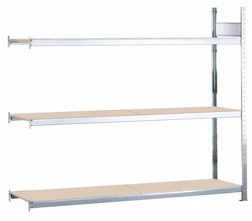 Anbauregal, Weitspannregal WS 2000 mit Spanplatten, 2000 x 1500 x 800 mm (HxBxT), verzinkt, 3 Ebenen, Fachlast 400 kg, Feldlast 1.200 kg aus der Kategorie WS2000 für Fachlasten bis 400kg mit der Artikelnummer 15547