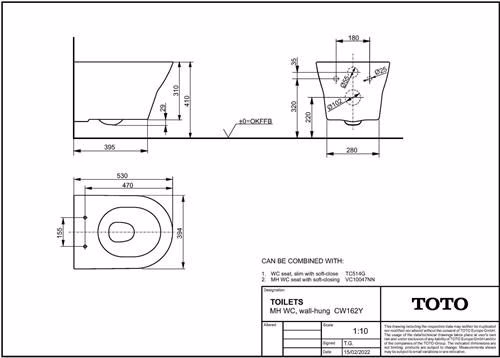 Technische Zeichnung 4069239 TOTO MH Wand-WC randlos weiß Tornado Flush Tiefspüler