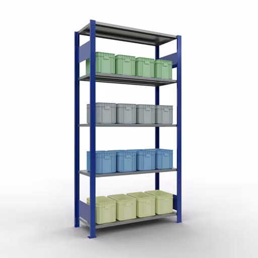 Produktbild Nr.14 des Artikels Grundregal, Fachbodenregal Stecksystem MULTIplus150, 2000 x 1000 x 400 mm (HxBxT), 5 Fachböden, Längenriegel, RAL 5010 enzianblau/verzinkt aus der Produktreihe Stecksystem von der Marke Schulte Lagertechnik