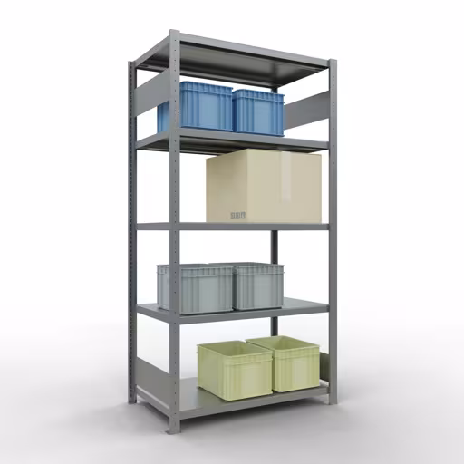 Grundregal, Fachbodenregal Stecksystem MULTIplus330, 2000 x 1000 x 600 mm (HxBxT), 5 Fachböden, Längenriegel, verzinkt von Schulte Lagertechnik mit der Artikelnr. 13960-LR