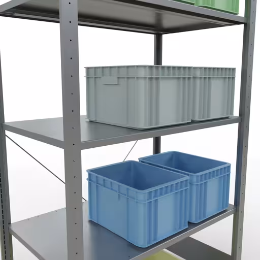 Andere Ansicht des Artikels Grundregal, Fachbodenregal Stecksystem MULTIplus150, 2000 x 1000 x 600 mm (HxBxT), 5 Fachböden, Kreuzstrebe, verzinkt - Expressline aus der Kategorie Stecksystem