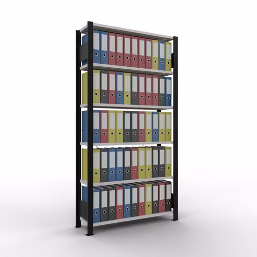 Produktbild Nr 13 des Artikels Grundregal, Büro-Fachbodenregal Stecksystem MULTIplus85, 2000 x 1000 x 300 mm (HxBxT), 6 Fachböden, Kreuzstrebe, ohne Anschlagleiste, schwarz/lichtgrau Abbildung Nr 13 des Artikels Grundregal, Büro-Fachbodenregal Stecksystem MULTIplus85, 2000 x 1000 x 300 mm (HxBxT), 6 Fachböden, Kreuzstrebe, ohne Anschlagleiste, schwarz/lichtgrau aus der Produktgruppe Büroregale von der Marke Schulte Lagertechnik