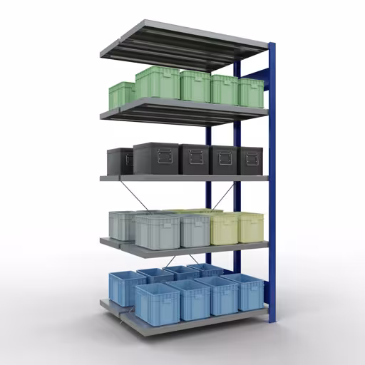 Abbildung Nr 15 des Artikels Anbauregal, Doppelregal, Fachbodenregal Stecksystem MULTIplus250, 2000 x 1000 x (2x400) mm (HxBxT), 2x5 Fachböden, Kreuzstrebe, RAL 5010 enzianblau aus der Produktgruppe Fachbodenregale von der Marke Schulte Lagertechnik