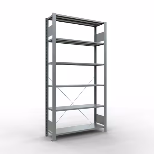 Grundregal, Büro-Fachbodenregal Stecksystem MULTIplus85, 2000 x 1000 x 300 mm (HxBxT), 6 Fachböden, Kreuzstrebe, verzinkt, ohne Anschlagleiste von der Marke Schulte Lagertechnik Grundregal, Büro-Fachbodenregal Stecksystem MULTIplus85, 2000 x 1000 x 300 mm (HxBxT), 6 Fachböden, Kreuzstrebe, verzinkt, ohne Anschlagleiste aus der Kategorie Stecksystem mit der Artikelnummer 17725