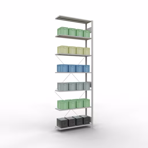 Abbildung Nr 10 des Artikels Anbauregal, Fachbodenregal Stecksystem MULTIplus85, 3000 x 1000 x 300 mm (HxBxT), 7 Fachböden, Kreuzstrebe, RAL 7035 lichtgrau aus der Produktgruppe Stecksystem von der Marke Schulte Lagertechnik