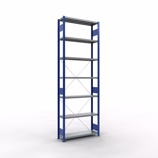 Grundregal, Fachbodenregal Stecksystem MULTIplus250, 3000 x 1000 x 300 mm (HxBxT), 7 Fachböden, Kreuzstrebe, RAL 5010 enzianblau/verzinkt aus der Kategorie Grundregal mit der Artikelnummer 12932-B