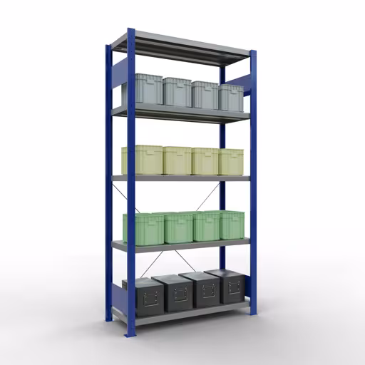 Abbildung Nr 11 des Artikels Grundregal, Fachbodenregal Stecksystem MULTIplus330, 2000 x 1000 x 400 mm (HxBxT), 5 Fachböden, Kreuzstrebe, RAL 5010 enzianblau/verzinkt aus der Produktgruppe Stecksystem von der Marke Schulte Lagertechnik