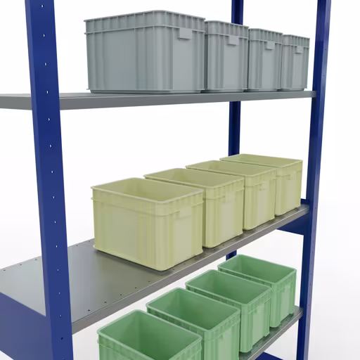 Produktbild Nr.12 des Artikels Grundregal, Fachbodenregal Stecksystem MULTIplus150, 2500 x 1300 x 400 mm (HxBxT), 6 Fachböden, Längenriegel, RAL 5010 enzianblau/verzinkt aus der Produktreihe Stecksystem von der Marke Schulte Lagertechnik