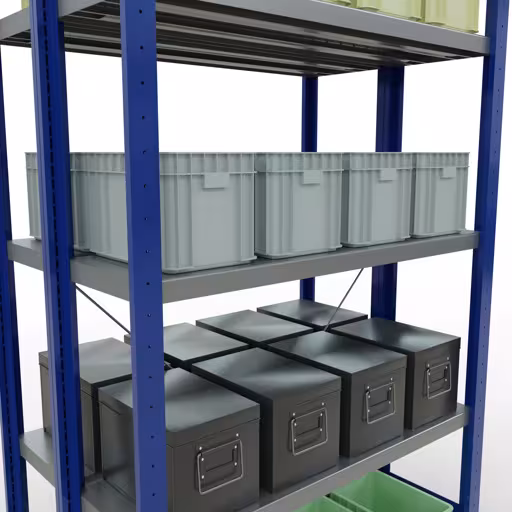 Produktbild Nr 16 des Artikels Grundregal, Doppelregal, Fachbodenregal Stecksystem MULTIplus250, 2000 x 1000 x (2x300) mm (HxBxT), 2x5 Fachböden, Kreuzstrebe, RAL 5010 enzianblau Abbildung Nr 16 des Artikels Grundregal, Doppelregal, Fachbodenregal Stecksystem MULTIplus250, 2000 x 1000 x (2x300) mm (HxBxT), 2x5 Fachböden, Kreuzstrebe, RAL 5010 enzianblau aus der Produktgruppe Fachbodenregale von der Marke Schulte Lagertechnik