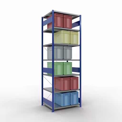 Grundregal, Fachbodenregal Stecksystem MULTIplus250, 3000 x 1000 x 800 mm (HxBxT), 7 Fachböden, Kreuzstrebe, RAL 5010 enzianblau/verzinkt von Schulte Lagertechnik aus der Kategorie Stecksystem