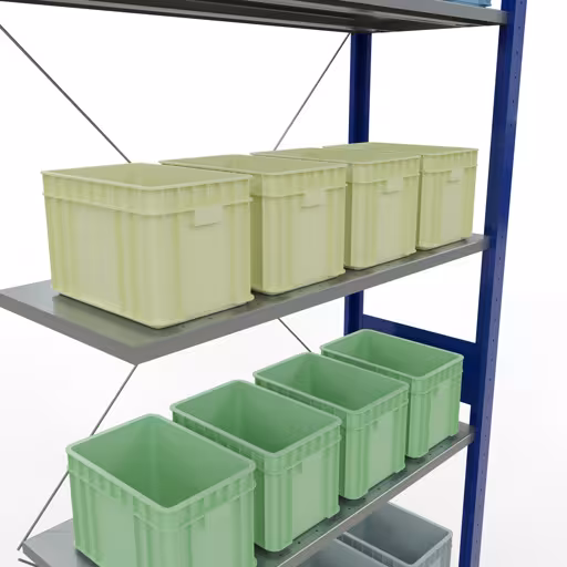 Produktbild Nr.8 des Artikels Anbauregal, Fachbodenregal Stecksystem MULTIplus150, 3000 x 1000 x 400 mm (HxBxT), 7 Fachböden, Kreuzstrebe, RAL 5010/verzinkt aus der Produktreihe Stecksystem von der Marke Schulte Lagertechnik