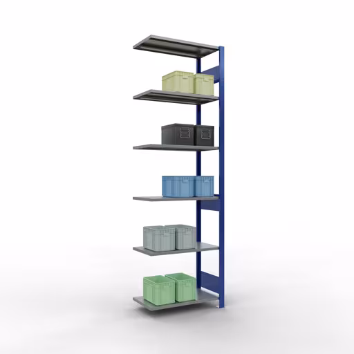 Zusatzbild des Artikels Anbauregal, Fachbodenregal Stecksystem MULTIplus150, 2500 x 750 x 400 mm (HxBxT), 6 Fachböden, Längenriegel, RAL 5010 enzianblau/verzinkt/verzinkt aus Anbauregal