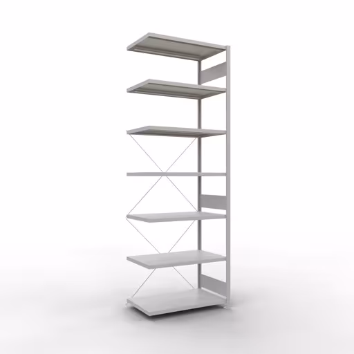 Anbauregal, Fachbodenregal Stecksystem MULTIplus250, 3000 x 1000 x 600 mm (HxBxT), 7 Fachböden, Kreuzstrebe, RAL 7035 lichtgrau aus der Kategorie Anbauregal mit der Artikelnummer 32867