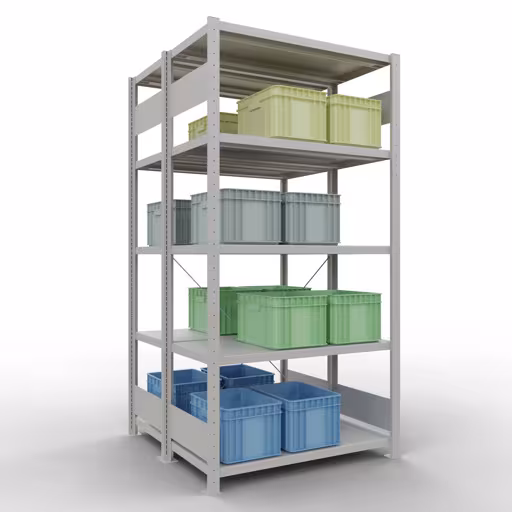 Zusatzbild des Artikels Grundregal, Doppelregal, Fachbodenregal Stecksystem MULTIplus250, 2000 x 1000 x (2x500) mm (HxBxT), 2x5 Fachböden, Kreuzstrebe, RAL 7035 lichtgrau aus Doppelregale