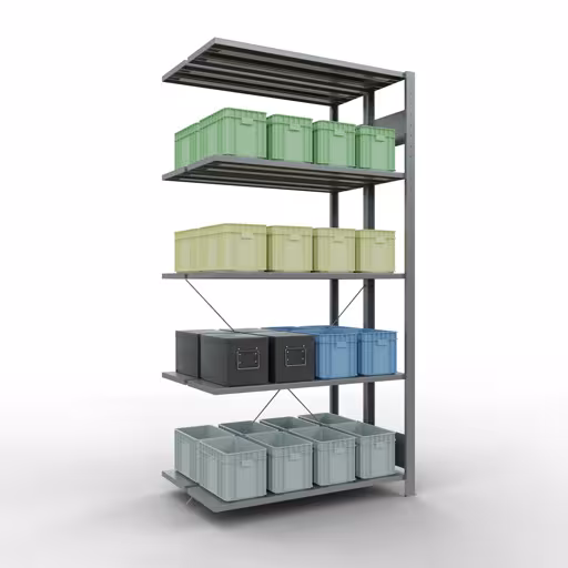 Produktbild Nr 16 des Artikels Anbauregal, Doppelregal, Fachbodenregal Stecksystem MULTIplus150, 2000 x 1000 x (2x300) mm (HxBxT), 2x5 Fachböden, Kreuzstrebe, verzinkt Abbildung Nr 16 des Artikels Anbauregal, Doppelregal, Fachbodenregal Stecksystem MULTIplus150, 2000 x 1000 x (2x300) mm (HxBxT), 2x5 Fachböden, Kreuzstrebe, verzinkt aus der Produktgruppe Fachbodenregale von der Marke Schulte Lagertechnik