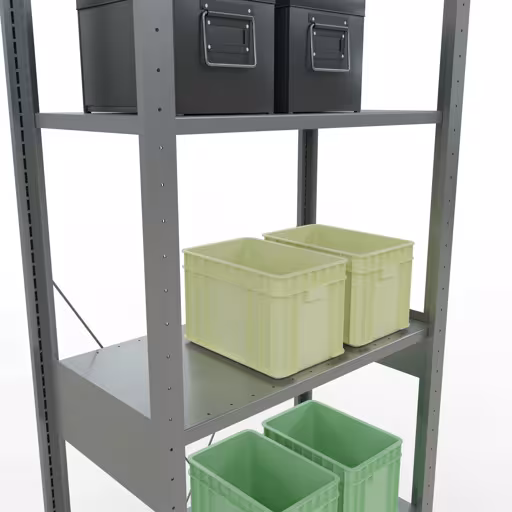 Andere Ansicht des Artikels Grundregal, Fachbodenregal Stecksystem MULTIplus150, 2500 x 750 x 400 mm (HxBxT), 6 Fachböden, Kreuzstrebe, verzinkt aus der Kategorie Stecksystem