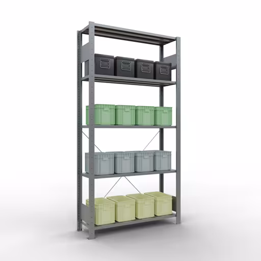Zusatzbild des Artikels Grundregal, Fachbodenregal Stecksystem MULTIplus150, 2000 x 1000 x 300 mm (HxBxT), 5 Fachböden, Kreuzstrebe, verzinkt - Expressline aus Grundregal
