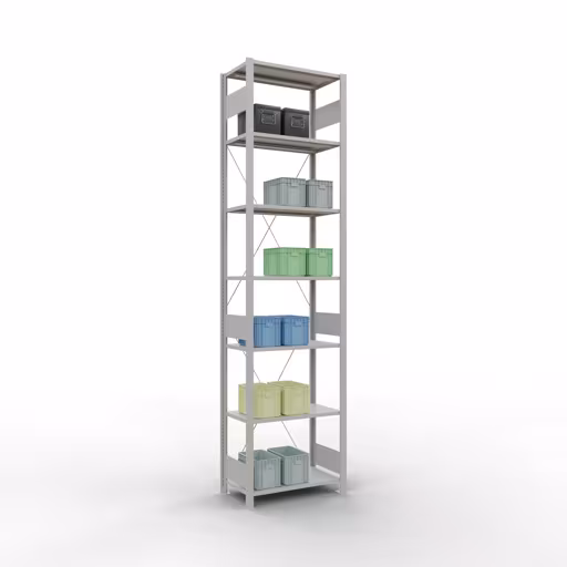 Grundregal, Fachbodenregal Stecksystem MULTIplus150, 3000 x 750 x 400 mm (HxBxT), 7 Fachböden, Kreuzstrebe, RAL 7035 lichtgrau von Schulte Lagertechnik aus der Kategorie Stecksystem