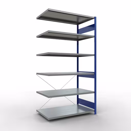 Anbauregal, Fachbodenregal Stecksystem MULTIplus250, 2500 x 1300 x 800 mm (HxBxT), 6 Fachböden, Kreuzstrebe, RAL 5010 enzianblau/verzinkt aus der Kategorie Anbauregal mit der Artikelnummer 12986-130-B