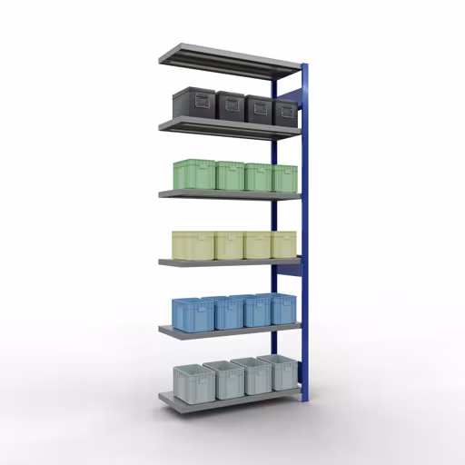 Anbauregal, Fachbodenregal Stecksystem MULTIplus250, 2500 x 1000 x 400 mm (HxBxT), 6 Fachböden, Längenriegel, RAL 5010 enzianblau/verzinkt von Schulte Lagertechnik mit der Artikelnr. 12946-LR-B