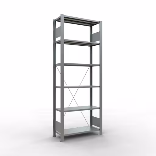 Grundregal, Büro-Fachbodenregal Stecksystem MULTIplus85, 2000 x 750 x 300 mm (HxBxT), 6 Fachböden, Kreuzstrebe, verzinkt, ohne Anschlagleiste von der Marke Schulte Lagertechnik Grundregal, Büro-Fachbodenregal Stecksystem MULTIplus85, 2000 x 750 x 300 mm (HxBxT), 6 Fachböden, Kreuzstrebe, verzinkt, ohne Anschlagleiste aus der Kategorie Stecksystem mit der Artikelnummer 17724