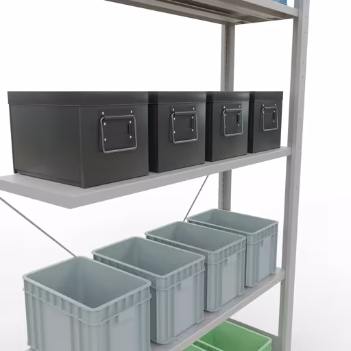 Produktbild Nr 13 des Artikels Anbauregal, Fachbodenregal Stecksystem MULTIplus85, 2000 x 1000 x 300 mm (HxBxT), 5 Fachböden, Kreuzstrebe, RAL 7035 lichtgrau Abbildung Nr 13 des Artikels Anbauregal, Fachbodenregal Stecksystem MULTIplus85, 2000 x 1000 x 300 mm (HxBxT), 5 Fachböden, Kreuzstrebe, RAL 7035 lichtgrau aus der Produktgruppe Stecksystem von der Marke Schulte Lagertechnik