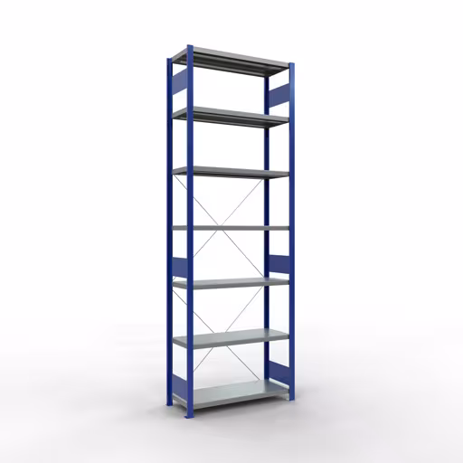 Grundregal, Fachbodenregal Stecksystem MULTIplus250, 3000 x 1000 x 400 mm (HxBxT), 7 Fachböden, Kreuzstrebe, RAL 5010 enzianblau/verzinkt aus der Kategorie Grundregal mit der Artikelnummer 12942-B