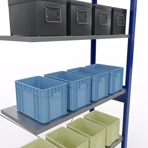 Abbildung Nr 10 des Artikels Anbauregal, Fachbodenregal Stecksystem MULTIplus85, 2500 x 1000 x 400 mm (HxBxT), 6 Fachböden, Kreuzstrebe, RAL 5010 enzianblau aus der Produktgruppe Stecksystem von der Marke Schulte Lagertechnik