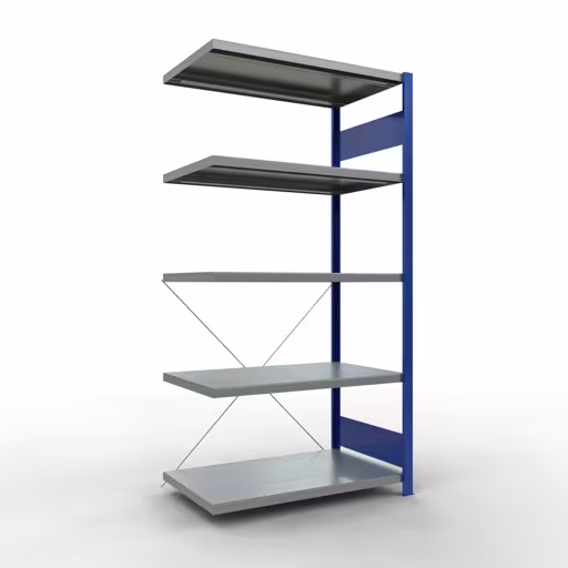 Anbauregal, Fachbodenregal Stecksystem MULTIplus250, 2000 x 1000 x 600 mm (HxBxT), 5 Fachböden, Kreuzstrebe, RAL 5010 enzianblau/verzinkt aus der Kategorie Anbauregal mit der Artikelnummer 12965-B
