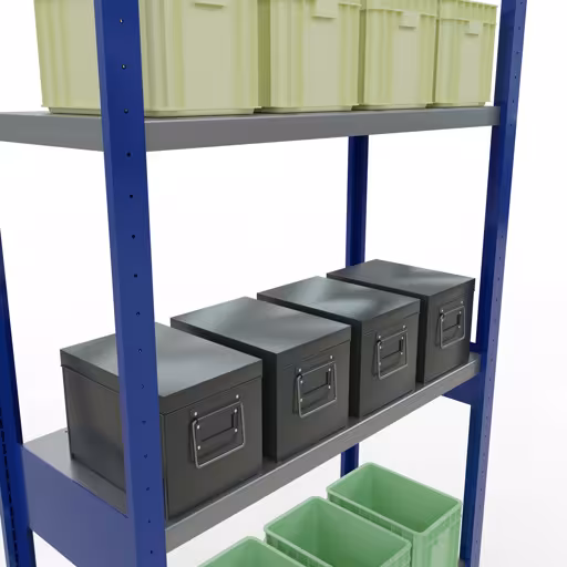 Abbildung Nr 14 des Artikels Grundregal, Fachbodenregal Stecksystem MULTIplus250, 3000 x 1000 x 400 mm (HxBxT), 7 Fachböden, Längenriegel, RAL 5010 enzianblau/verzinkt aus der Produktgruppe Stecksystem von der Marke Schulte Lagertechnik