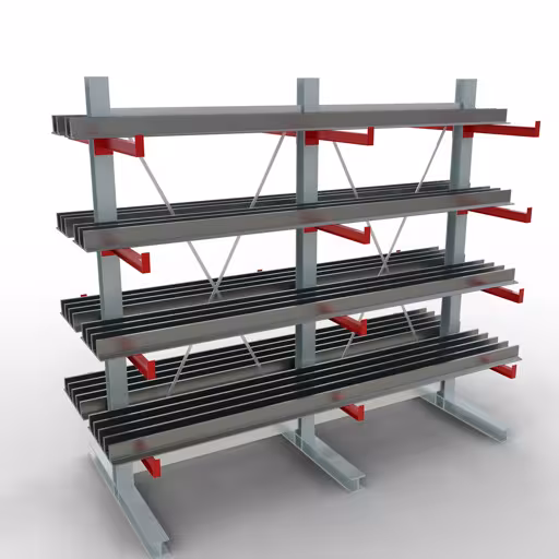 K 3000 Komplettregal, doppelseitig, 2500 x 2600 x 600 mm, RAL 7001 / RAL 3000, 5 Lagerebenen aus der Kategorie K3000 für mittelschwere Güter mit der GTIN 4058255001477 K 3000 Komplettregal, doppelseitig, 2500 x 2600 x 600 mm, RAL 7001 / RAL 3000, 5 Lagerebenen von der Marke Schulte Lagertechnik aus der Produktreihe Kragarmregale