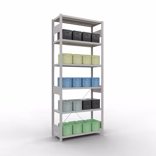 Zusatzbild des Artikels Grundregal, Fachbodenregal Stecksystem MULTIplus250, 2500 x 1000 x 400 mm (HxBxT), 6 Fachböden, Kreuzstrebe, RAL 7035 lichtgrau aus Grundregal