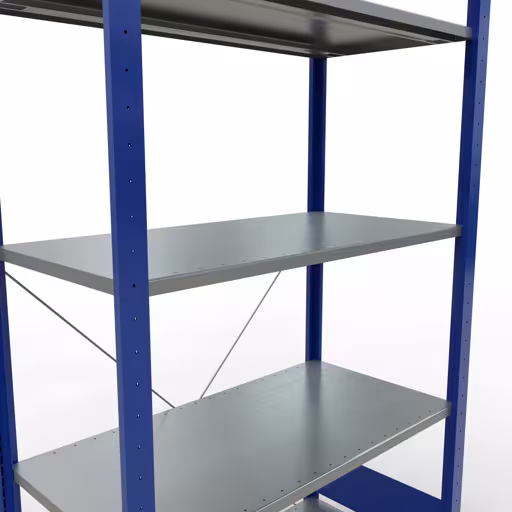 Zusatzbild des Artikels Grundregal, Fachbodenregal Stecksystem MULTIplus150, 2000 x 1000 x 500 mm (HxBxT), 5 Fachböden, Kreuzstrebe, RAL 5010/verzinkt aus Grundregal