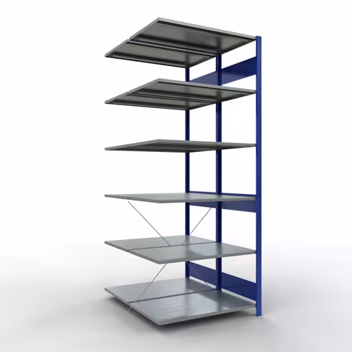 Anbauregal, Doppelregal, Fachbodenregal Stecksystem MULTIplus150, 2500 x 1000 x (2x600) mm (HxBxT), 2x6 Fachböden, Kreuzstrebe, RAL 5010 enzianblau aus der Kategorie Doppelregale mit der Artikelnummer 32766-B
